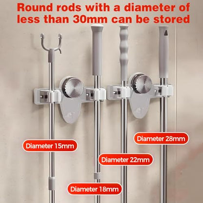4 Pack Broom Holder Mop Hanger Wall Mount, No Drill Suction Cup Mop and Broom Organizer with Hooks, Space Saving Adjustable Rack Removable Mop Clip for Bathroom, Kitchen, Garage, Laundry Room