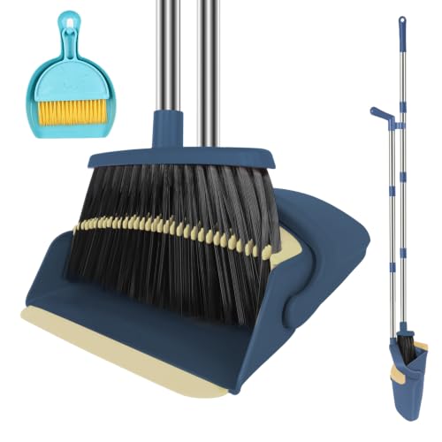 Broom with Dustpan Set & Mini Hand Brush Set, Blue 51" Long Handle Upright Cleaning Combo with Self-Cleaning Teeth for Home Kitchen Pet Hair - color: Blue, size: Normal