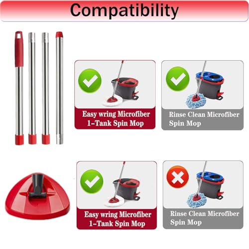 Spin Mop Replacement Handle, 4-Section 30-to-58 inch Mop Replacement Stick and Base Compatible with Ocedar Mop Handle for Easy Wring Mop Refills, Germany Screw Joint(Mop Head not Include) - color: Red, size: Handle + 1 Base