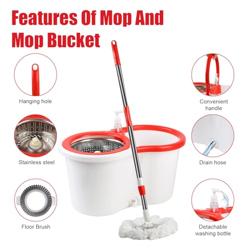 Spin Mop and Bucket with Wringer Set, 360° Spinning Mop Bucket System with 6 Microfiber Mop Replacement Heads and 61" Stainless Steel Adjustable Handle for Floor Cleaning (20QT) - color: White