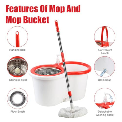 Spin Mop and Bucket with Wringer Set, 360° Spinning Mop Bucket System with 6 Microfiber Mop Replacement Heads and 61" Stainless Steel Adjustable Handle for Floor Cleaning (20QT) - color: White