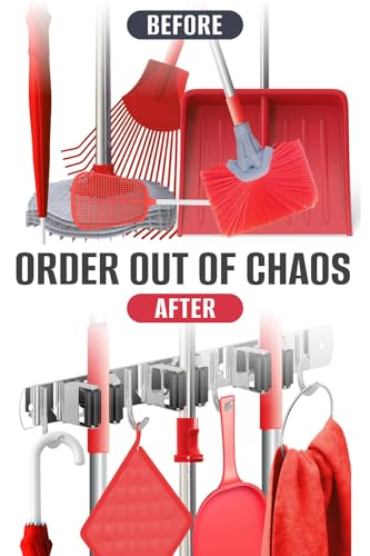 The Good Stuff Compact Mop and Broom Holder Wall Mount – Stainless Steel Organizer with 3 Racks and 2 Hooks – Rust-Resistant, Space-Saving Tool Hanger for Closet, Kitchen, Garage, or RV - size: Compact