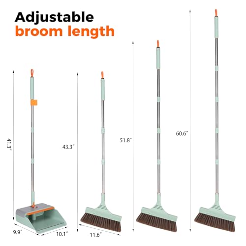 Broom and Dustpan Set with Adjustable Handle, Upright Design, Built-in Comb Teeth, Mint Green, for Home Office Hardwood Floors Pet Hair (Green/Gray) - color: Green/Gray