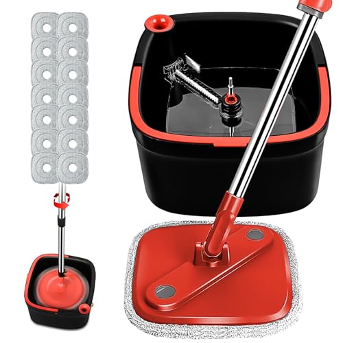Spin Mop and Bucket Set with Self Separation Dirty and Clean Water System with 14 Pads, Square Mop Bucket Self Wringing 360° Rotating Clean Mop-Head for Hardwood Tile Marble Floors (Black+Red - size: Black+Red Mop Set with 14 Pads