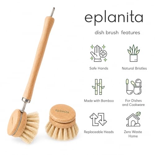 eplanita Natural Dish Brush, 3 Replacement Heads, Kitchen Eco Bamboo Scrubber Brushes, Extra Plant Sponge, Plastic Free Washing Up, Zero Waste Cleaning