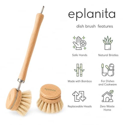 eplanita Natural Dish Brush, 3 Replacement Heads, Kitchen Eco Bamboo Scrubber Brushes, Extra Plant Sponge, Plastic Free Washing Up, Zero Waste Cleaning