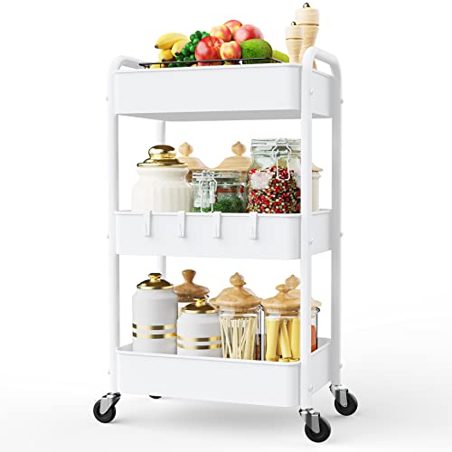 LEHOM 3 Tier Rolling Cart, Metal Rolling Utility Cart with Lockable Wheels & Hooks, Multi-Functional Heavy Duty Storage Cart Organizer for Bathroom, Kitchen, Office, Living Room - color: White