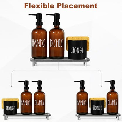 Hand and Dish Soap Dispenser Set, Kitchen Soap Dispenser Set with Sponge Holder, 16.9oz Amber Glass Dispenser, Waterproof Labels, Instant Dry Tray|Upgrade for Your Kitchen and Bathroom