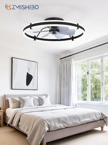 ZMISHIBO 24 Inch Ceiling Fans with Lights and Remote, Modern Low Profile Ceiling Fan, 3000-6000K Dimmable Flush Mount LED Fan Light, 6 Wind Speeds, Fandelier Ceiling Fans for Bedroom- Black - color: Black, size: 24 INCH
