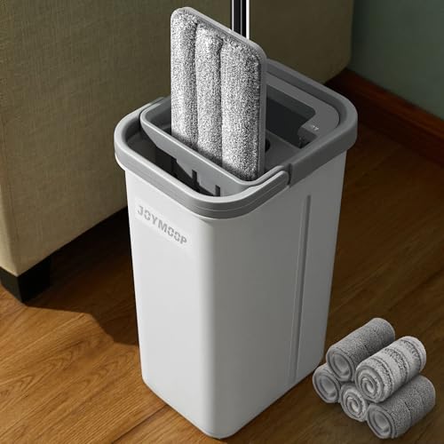 JOYMOOP Flat Mop System, Microfiber Mop and Bucket Set, White, Hands-Free Wet and Dry Floor Cleaning for Household and Commercial Use, Includes 5 Washable Pads - color: White Lite135