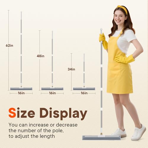 Floor Squeegee with Long Handle, 180° Rotating Silicone Broom for Concrete & Tile Floors, Squeegee for Water Removal on Garage, Bathroom and Deck, Adjustable 35–62 in Handle, 2 Pads - size: 16in | 4-Section Pole (62in) | 2 Pads