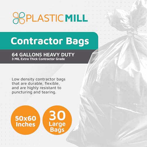 PlasticMill Contractor Bags Heavy Duty - Commercial, Industrial Garbage Bags - Clear Construction Trash Bags - Outdoor, Garden Trash Bags, 64-Gallon, 3 Mil, 50"x60" (30-Count)