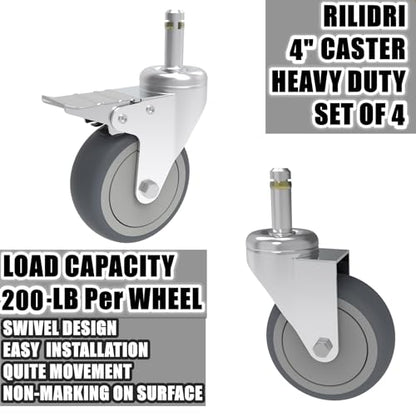 RILIDRI 4-Inch Swivel Stem Caster, 7/16-Inch Stem Diameter Rubber Wheel, Heavy Duty TPR Replacement Wheels for Rubbermaid Mop Bucket Cart Grill Casters - 4 Pack (2 Brakes 2 Swivel) - style: 4 Inch-200LB (2 Double Brakes)