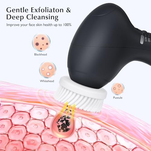 COSLUS Facial Cleansing Brush Silicone Face Scrubber: 7 in 1 FBS-D Electric Exfoliating Rotating Massage Device Waterproof Deep Cleaning Exfoliation Spa Machine - Electronic Skin Care Wash System - color: Black, size: With 7 brush heads