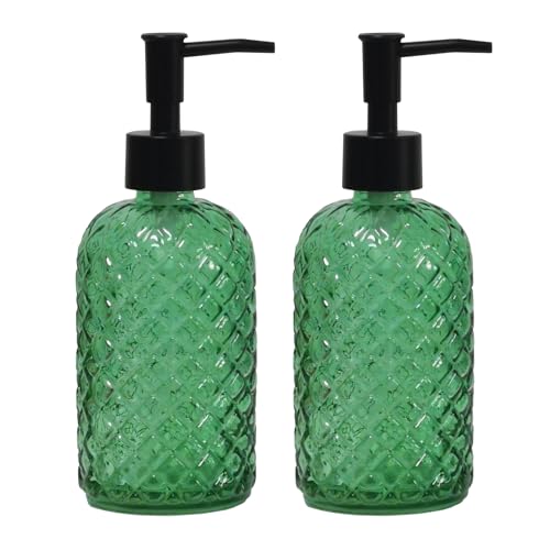 Green Glass Soap Dispenser with Black Pump, 13.5oz Liquid Hand Soap Dispenser Set, Dish Soap Lotion Dispenser for Modern Home Decor, Bathroom, Kitchen Countertop, Hotel(2 Pack) - color: Olive Green