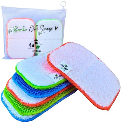 Foldable Dish Sponge – Thin Dual-Sided with Mesh Scrubber and Rayon derived from Bamboo Reusable Non-Scratch Kitchen Sponge for Multi-Surface Cleaning, 6 Pack