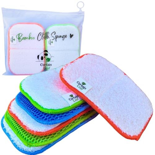 Foldable Dish Sponge – Thin Dual-Sided with Mesh Scrubber and Rayon derived from Bamboo Reusable Non-Scratch Kitchen Sponge for Multi-Surface Cleaning, 6 Pack