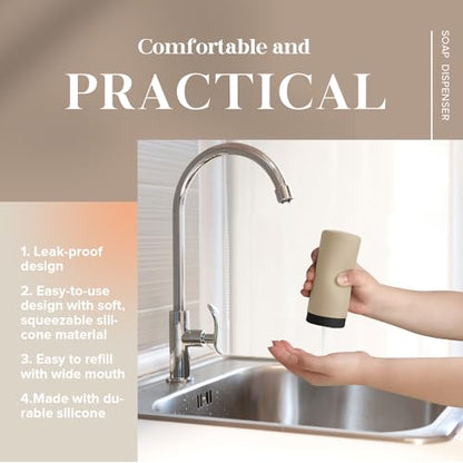 ElmRidge Dish Soap Silicone Dispenser for Kitchen Sink,Squeeze Washing Up Liquid and Hand Soap,Round refillable Silicone Bottles,Easy to Fill and to use, 8.5 oz,Black 2.4 x 2.4 x 5.5 inches (Taupe) - color: Taupe