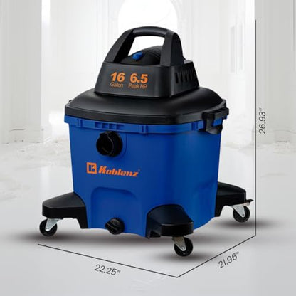 Koblenz WD-16 L4 Wet Dry Vacuum Cleaner, 16 Gallon Wet Dry Vac, 6.5 PHP, 3-in-1 Suction & Blower, Click-N-Lock Hose, Drain Plug, Big Vacuum Cleaner for Carpet & Floors, Swivel Casters, Black/Blue - size: 16 Gallon 6.5 HP