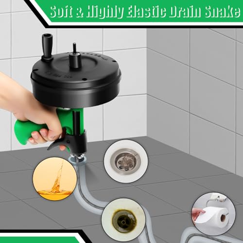 50 Ft Drain Snake, Fast Unclog Snake, Manual & Electric Plumbing Snaker for Shower Sink, Toilet and Kitchen, Drain Auger 50 ft Comes with Gloves and Bag, 1/4 Inch, Green