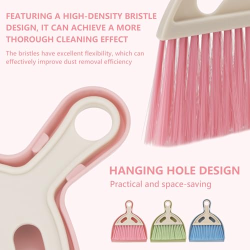 Mini Dustpan and Brush Set Portable Small Broom with Dust Pan Handheld Hangable Whisk Broom and Dust pan for Home, Kitchen, Table, Office, Car 3Pcs (Blue-Green-Pink) - color: Blue-green-pink