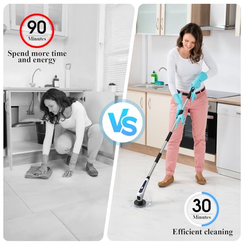 Electric Spin Scrubber,IPX7 Waterproof Cordless Cleaning Brush, Bathroom Scrubber with Adjustable Handle and 9 Replaceable Brush Heads,3-speeds,Electric Rotary Scrubber for Bathroom,Tub,Tile