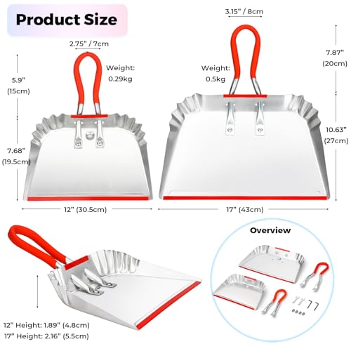 2 Pack Metal Dust Pan 17" and 12", Aluminum Heavy Duty Dust Pans with Non-Slip Rubber Handle, Large and Small Dustpan Set, Lightweight for Sweeping, Garage, Leaf, Household & Outdoor Cleaning