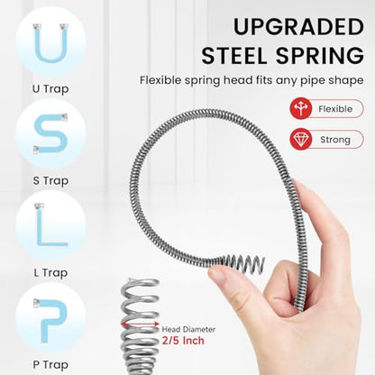 XJX Drain Auger, Plumbing Snake with Drill Adapter, 25FT Flexible Steel Drain Clog Remover, Manual or Powered for Kitchen, Bathroom & Shower Sink, with Gloves and Storage Bag Red - color: Red
