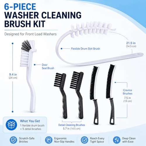 Washing Dryer Machine Rubber Seal Cleaning Brush Kits, Front Load Washer Cleaner Tools-1 PC Drum Slot Clean Brush & 5 PCS Crevice Cleaning Brushes for Bathroom, Shower & Kitchen Sink Household