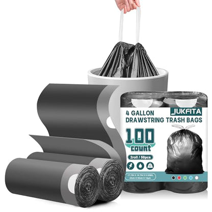 Small Trash Bags, 100 Count 4 Gallon Trash Bags Drawstring, Tear-Free Small Garbage Bags, Black Trash Bags Unscented for Bathroom Kitchen Office Bedroom - color: Black, size: 100 Count (Pack of 1)