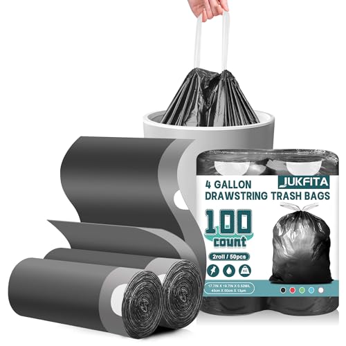 Small Trash Bags, 100 Count 4 Gallon Trash Bags Drawstring, Tear-Free Small Garbage Bags, Black Trash Bags Unscented for Bathroom Kitchen Office Bedroom - color: Black, size: 100 Count (Pack of 1)