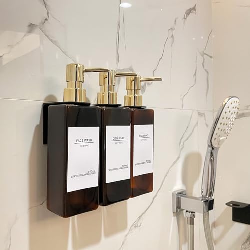 Shampoo Dispenser for Shower Wall, Shampoo and Conditioner Dispenser with 16 Waterproof Labels, No Drill Shower Soap Dispenser Bathroom, Shower Soap Dispenser Wall Mounted 3 Chamber, 17oz, Gold Amber - color: Amber Bottle + Gold Pump