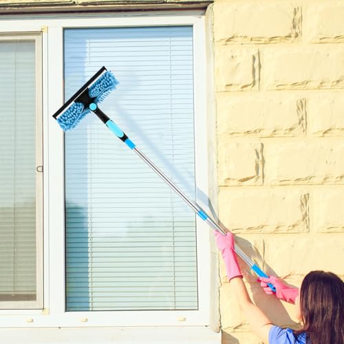 Squeegee for Window Cleaning Scrubber and Rotating Head Squeegee Window Cleaner Tool Window Washing Kit with Long Handle Window Cleaning Kit for Shower Glass Mirror Car (Blue)
