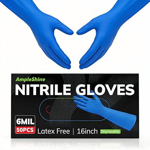 Long Nitrile Disposable Gloves Extended Cuff 16inch Latex-Free Blue Household Kitchen Cleaning Dishwashing 50PCS - color: Blue, size: Small