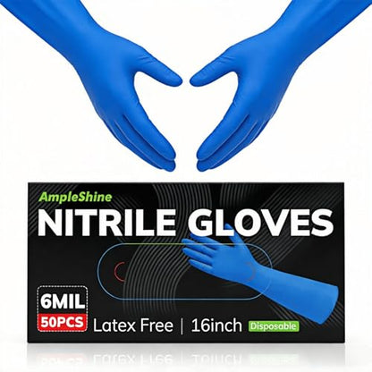 Long Nitrile Disposable Gloves Extended Cuff 16inch Latex-Free Blue Household Kitchen Cleaning Dishwashing 50PCS - color: Blue, size: Large