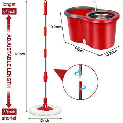 Spin Mop and Bucket with Wringer Set，Mop and Bucket Set for Floor Cleaning with 3 Mop Refills 61 inches Telescoping Rod for Office and Home use - color: Red