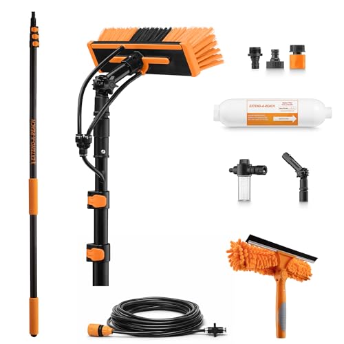 4-12 ft Water Fed Pole Window Cleaning System // Professional Telescopic Solar Panel Cleaning Equipment // Water Fed Brush with Upper Rinse Bar, 10" Squeegee, Water Filter, Soap Dispenser & Water Hose - size: 12 feet