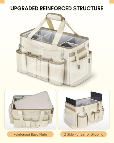 Ytonet Extra Large Cleaning Caddy Bag with Detachable Apron, Cleaning Supplies Organizer with Foldable Dividers, Portable Cleaner Tote with Handle, Cleaner Caddy for Kitchen, Detailing Bag, Apricot - color: Apricot