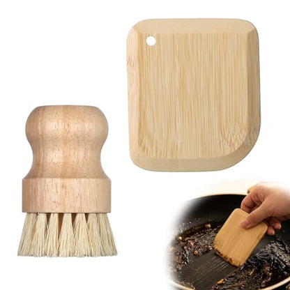 2 Pack Bamboo Dish Scrub Brush with Bamboo Pan Scraper Pot Scraper Non-Scratch Dish Scrapers Kitchen Cleaning Tools for Cast Iron Skillets, Cookware, Dishes, Pans Bowls, Plates and Pots
