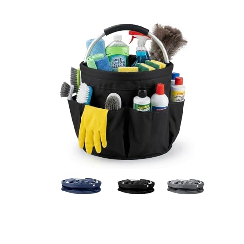 Foldable Cleaning Caddy with Handle 17L Large Cleaning Supplies Organizer 600D Oxford Portable Bucket Basket with 6 Pockets for Home Bathroom Garden Garage - Black - color: Black
