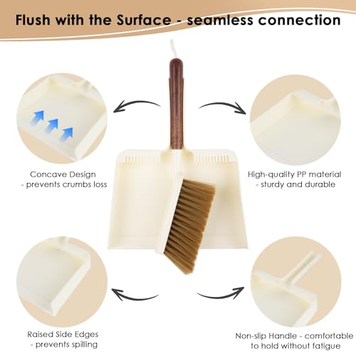 Hand Broom and Dustpan Set,Portable Small Dustpan and Brush Set with Sapele Wood Handle,Teeth Design,Compact Hangable Broom with Dustpan for Cleaning Desktops Kitchen Sofa Pet Hair,Beige