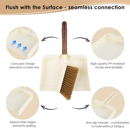 Hand Broom and Dustpan Set,Portable Small Dustpan and Brush Set with Sapele Wood Handle,Teeth Design,Compact Hangable Broom with Dustpan for Cleaning Desktops Kitchen Sofa Pet Hair,Beige