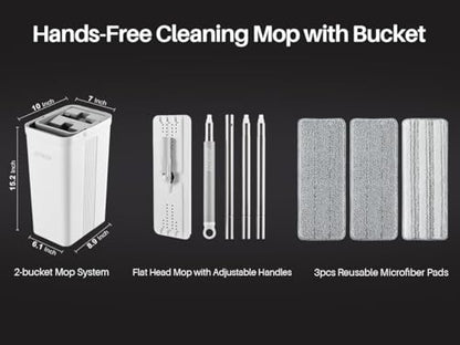 JOYMOOP Mop and Bucket Set for Home and Commercial Use, Flat Mop System with 3 Reusable Microfiber Pads, Floor and Wall Cleaner - color: White Standard243