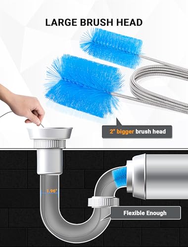 SARDVISA Flexible Long Drain Brush Tool with Large Double Elastic Nylon Ends, Stainless Steel Tube Cleaner Brush for Kitchen, Sink, Drain Pipe, and Long Pipe Cleaning, 2 Straw Cleaning Brushes - size: Large clean brush