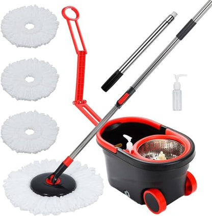 Mop and Bucket with Wringer Set, 360° Mop Bucket Floor Cleaning System with 3 Microfiber Replacement Mop Head Refills, 61" Adjustable Stainless Steel Handle, 2X Wheel for Home Cleaning