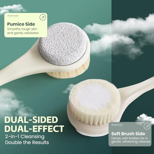 Back Scrubber for Shower, Long Handle Exfoliating Brush, Dual-Sided Bath Brush with Soft Bristles & Volcanic Pumice Stone, Anti-Slip Grip for Men & Women (Light Yellow) - color: Yellow