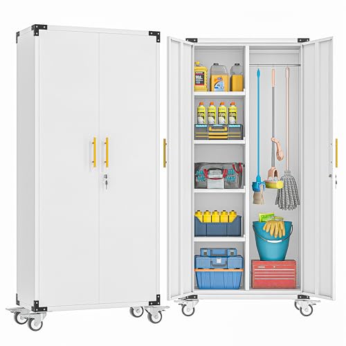 erosoei 71" Broom Storage Cabinet, Cleaning Tool Storage Cabinet, Garage Utility Storage with Hooks and Hanging Rods, Heavy Duty Garden Tool Organizer, for Home, Garage, Laundry Room, Gym, Workshop - color: White, size: 71" Broom Cabinet