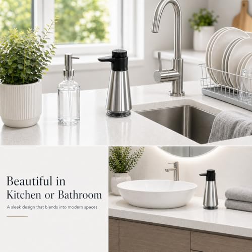 Dish Soap Dispenser for Kitchen,304 Stainless Steel Hand Soap Dispenser with Adjustable Output,Refillable Soap Pump with Clear Refill Base, Leak Resistant, Rust Resistant, Non-Slip