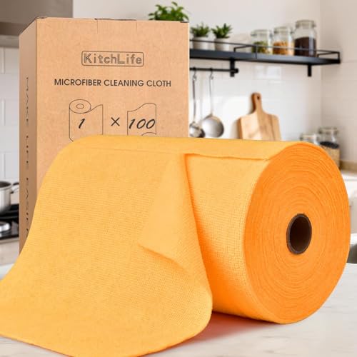 KitchLife Microfiber Cleaning Cloth Roll, 100 Pack - Tear-Away Microfiber Paper Towels, Lint-Free, Reusable, Washable for Kitchen, Car, Dishes, and Sensitive Surfaces (Tangerine Yellow) - color: Tangerine Yellow, size: 100 Pack