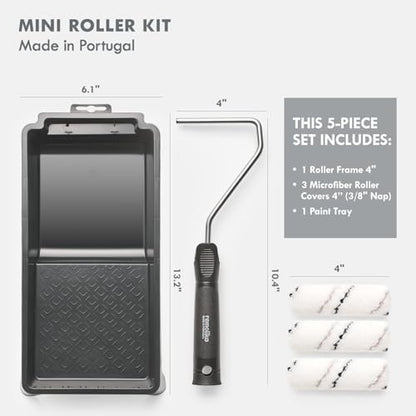 5-Piece Mini Paint Roller Kit - 4' Microfiber Roller Covers, Frame, Paint Tray - Professional & Homeowner Use - Smooth Finish - Black - size: 4" Paint Roller Kit (Set of 5)